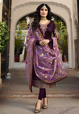 Wine Zari Embroidered Satin Georgette Kurta Set