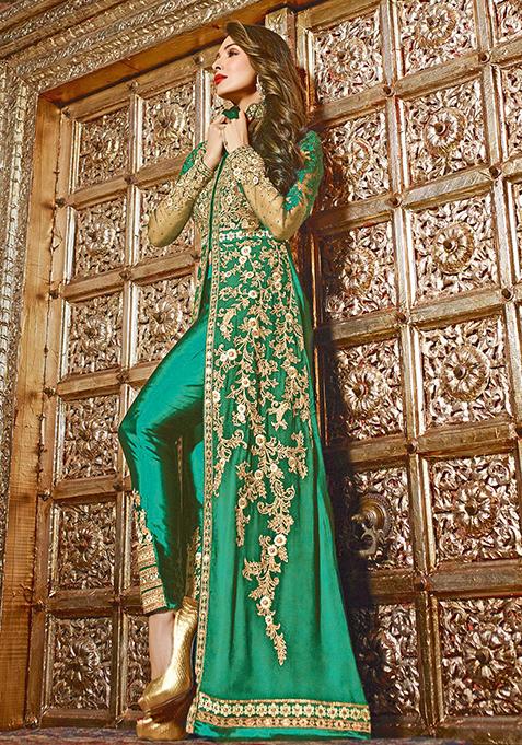 Green Zari Sequin Embroidered Georgette Kurta Set