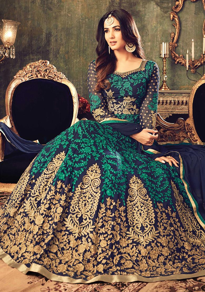 Blue Zari Embroidered Georgette Kurta Set