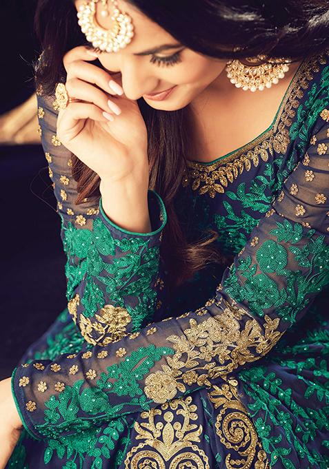 Blue Zari Embroidered Georgette Kurta Set