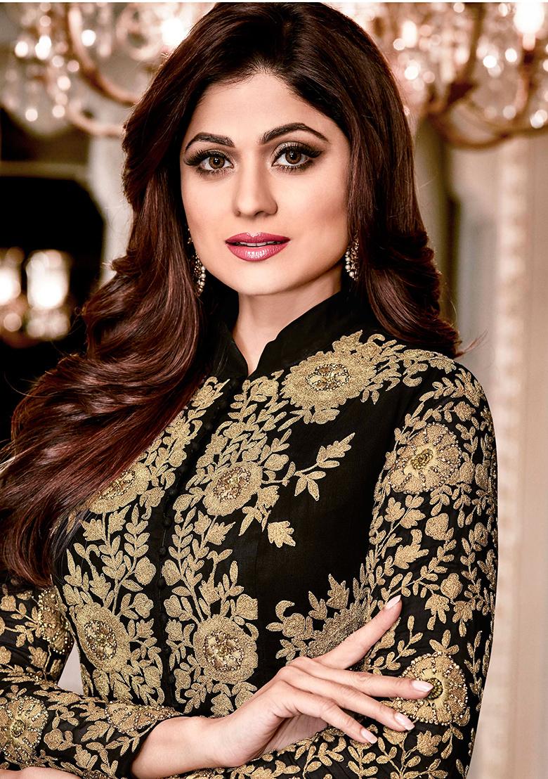 Black Zari Embroidered Georgette Kurta Set - Indya