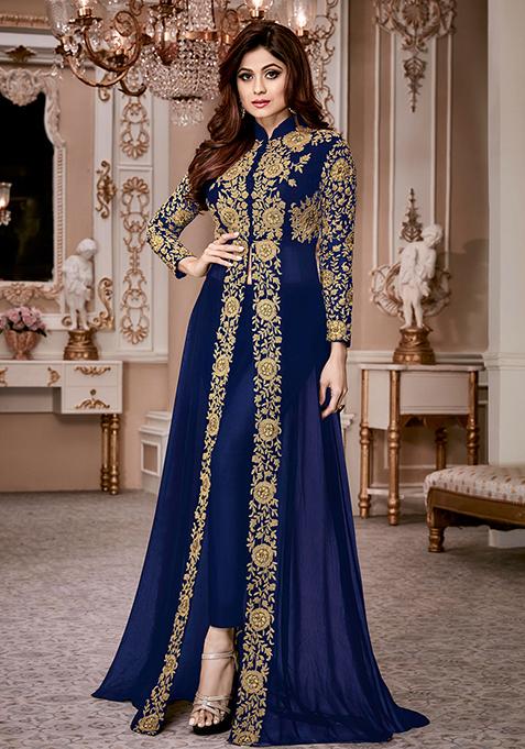 Blue Zari Embroidered Georgette Kurta Set