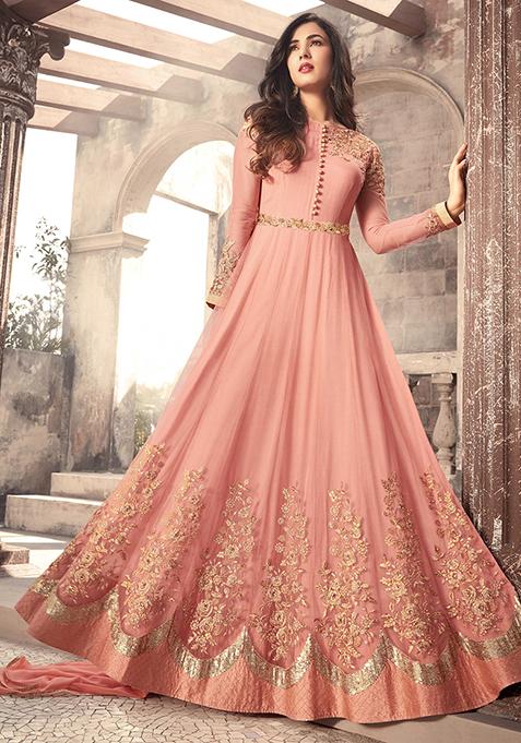 Peach Zari Embroidered Net Kurta Set