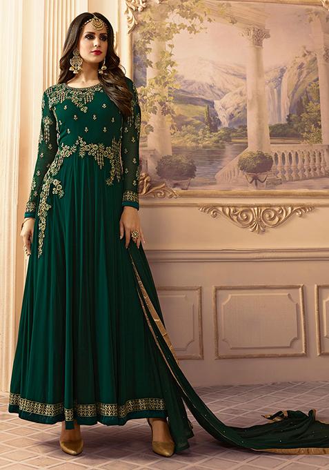 Green Zari Embroidered Georgette Kurta Set