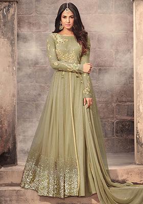 Rose Golden Zari Embroidered Net Kurta Set