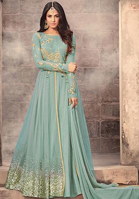 Pink Zari Embroidered Net Kurta Set