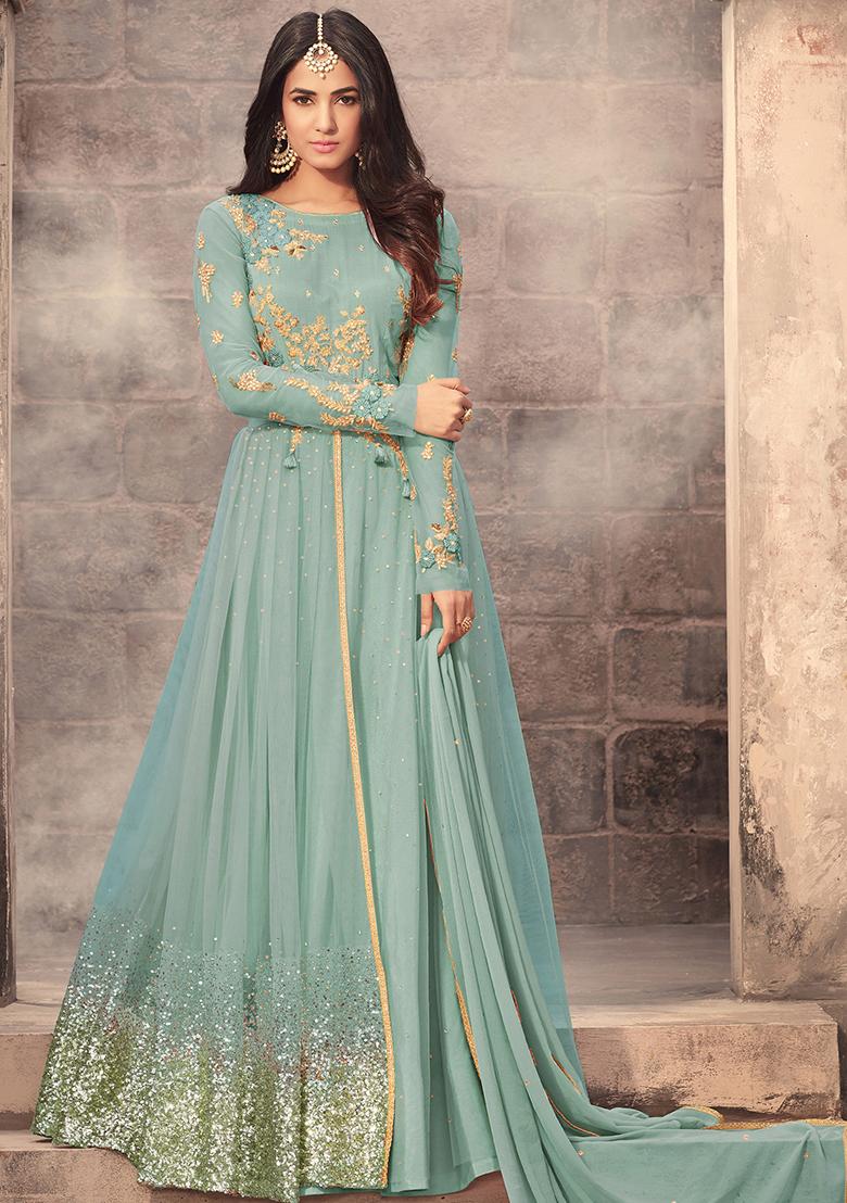 Pink Zari Embroidered Net Kurta Set