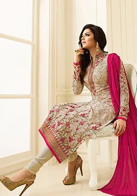 Beige Zari Embroidered Georgette Kurta Set