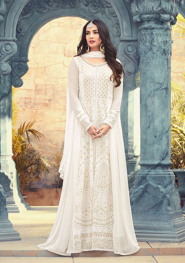 Off White Embroidered Georgette Anarkali Set - Indya
