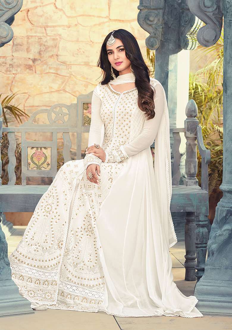 Off White Embroidered Georgette Anarkali Set - Indya