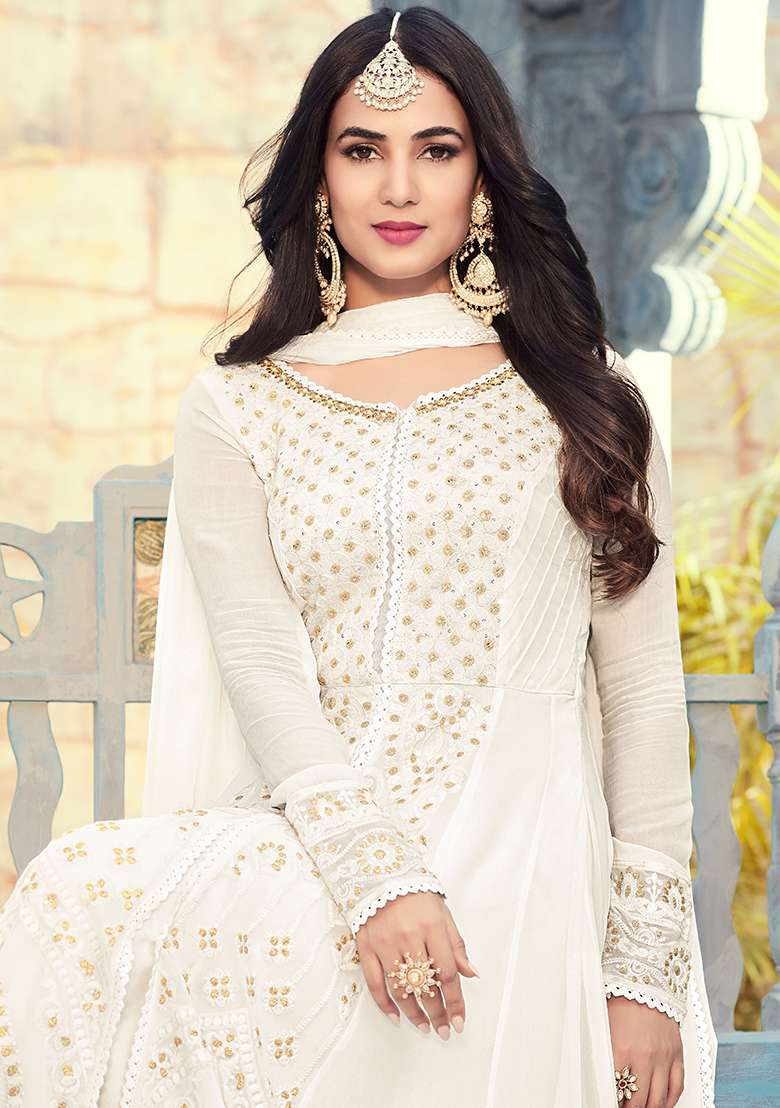 Off White Embroidered Georgette Anarkali Set - Indya