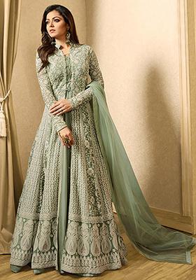 Green Zari Embroidered Net Kurta Set