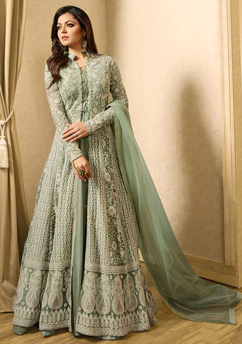 Green Embroidered Net Anarkali Set - Indya