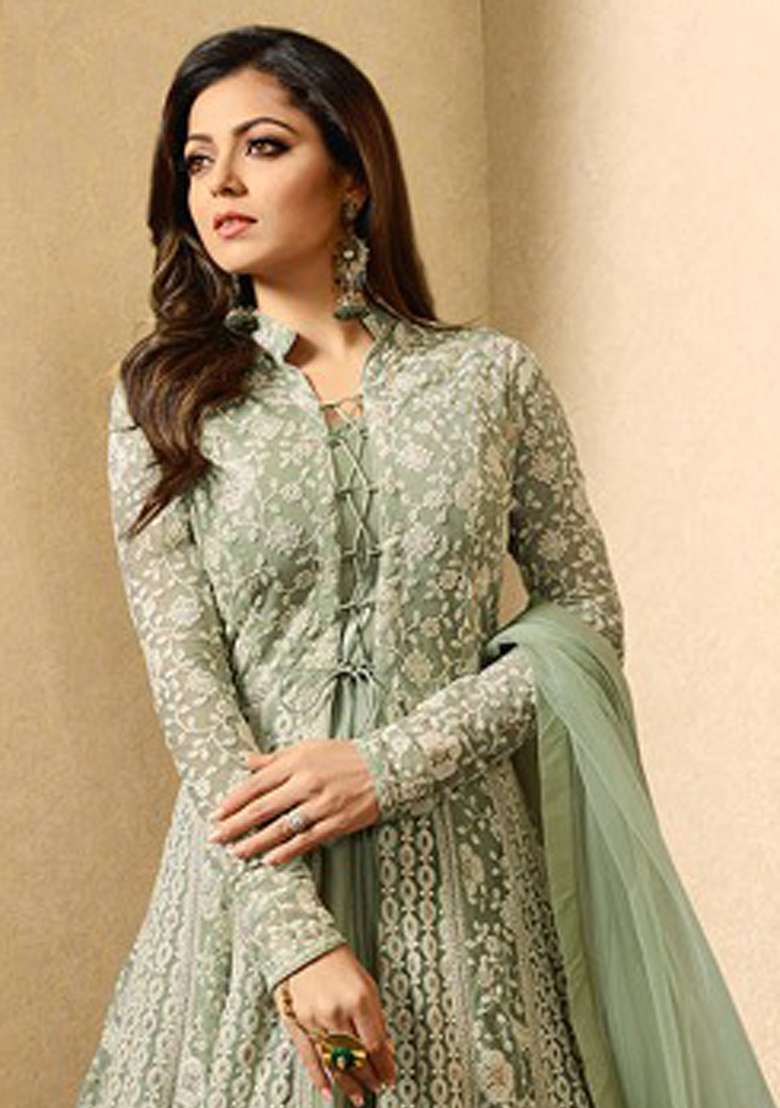 Green Embroidered Net Anarkali Set - Indya
