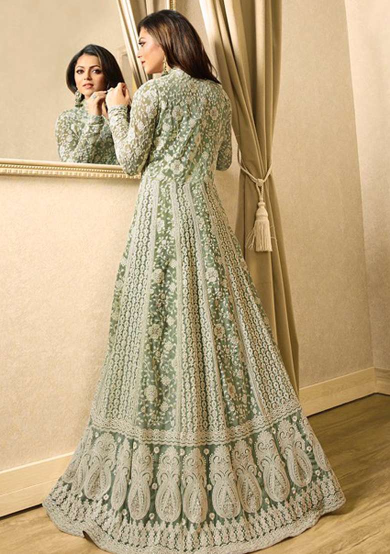 Green Embroidered Net Anarkali Set - Indya