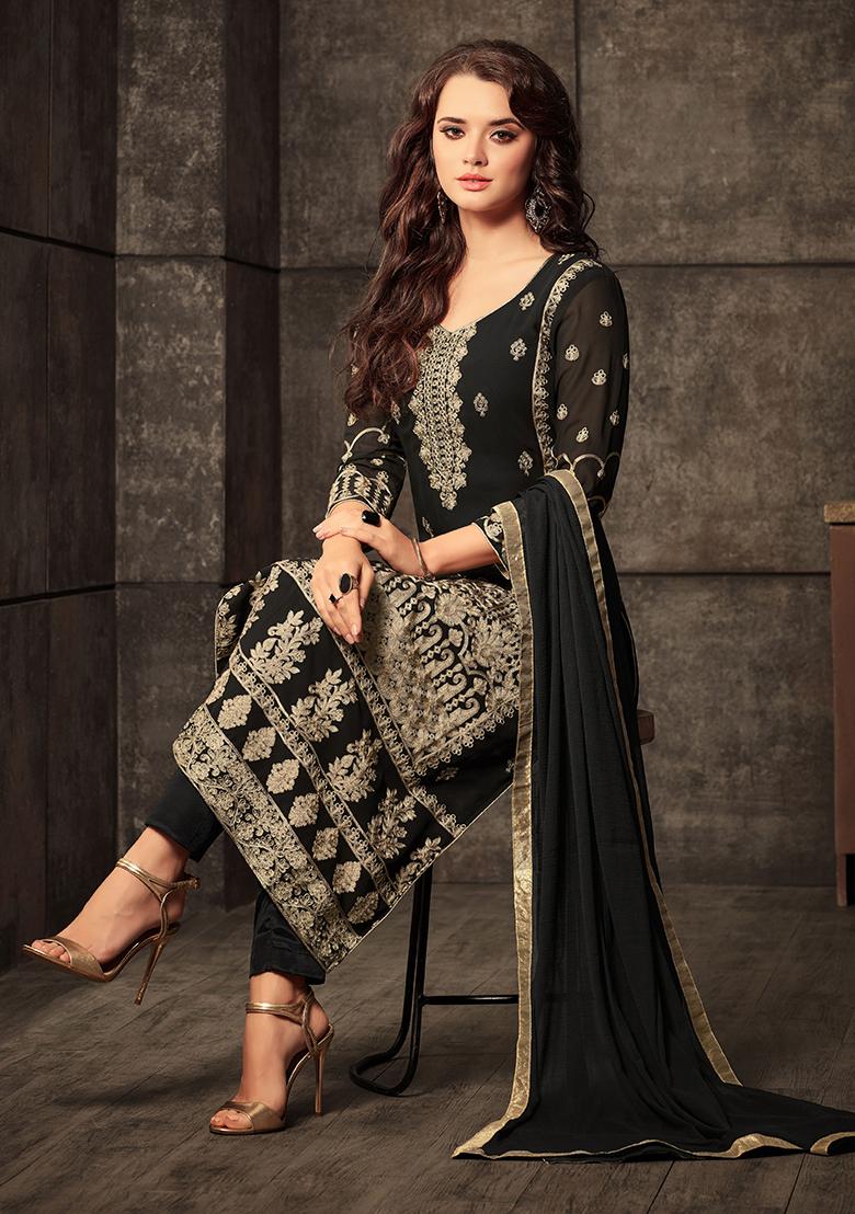 Black Zari Embroidered Georgette Kurta Set - Indya