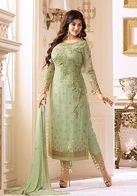 Green Zari Embroidered Georgette Kurta Set