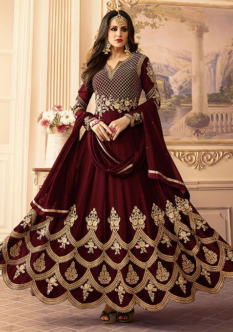 Maroon Zari Embroidered Georgette Kurta Set