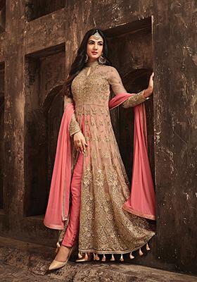 Beige And Pink Zari Embroidered Georgette Kurta Set