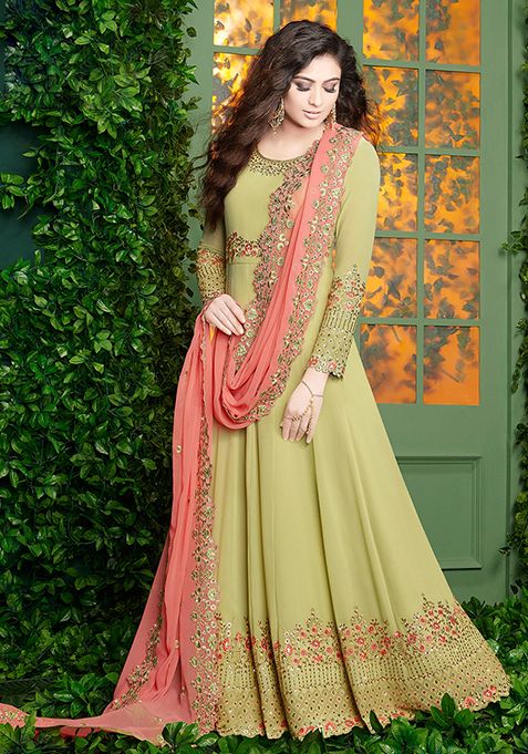 Green Zari Embroidered Georgette Kurta Set