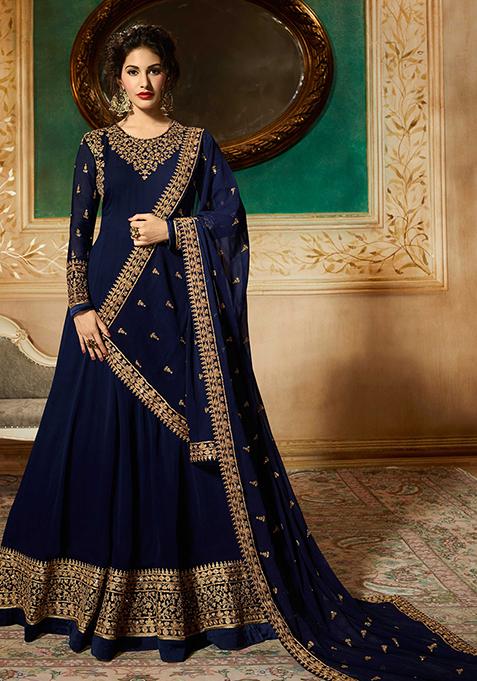 Blue Zari Embroidered Georgette Kurta Set