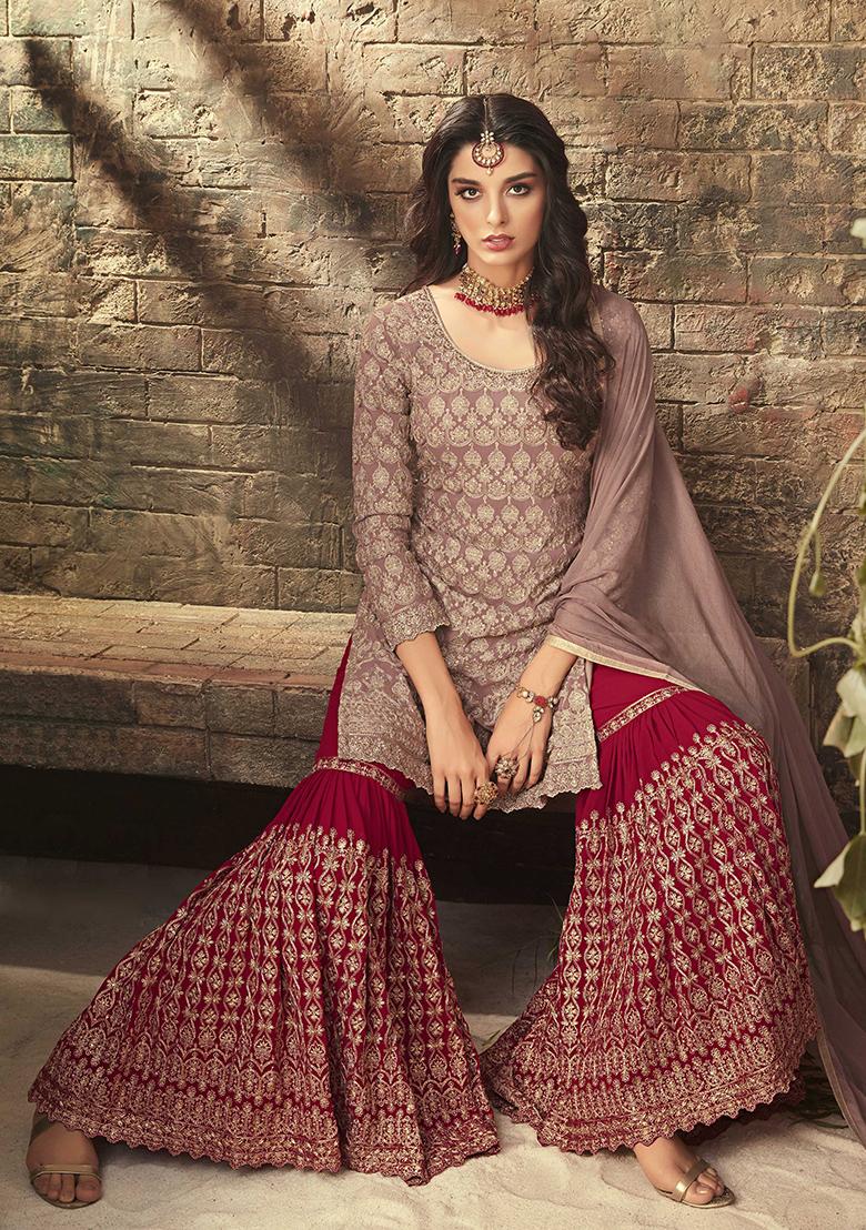 Dusty Beige Zari Embroidered Art Silk Kurta Set - Indya