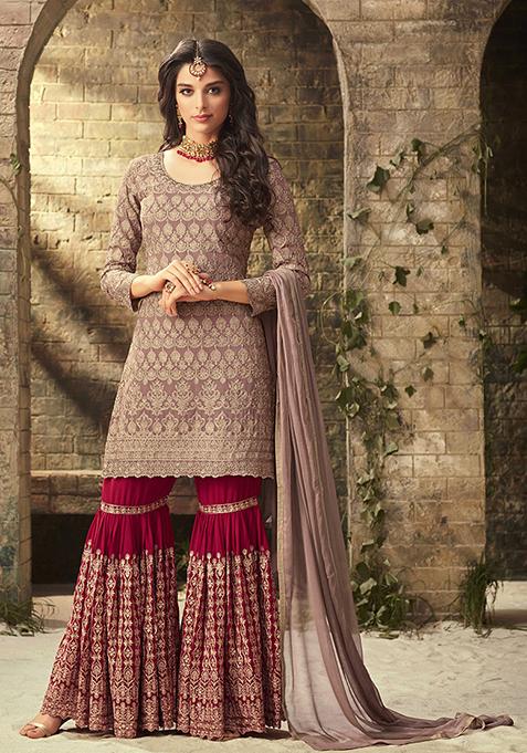 Dusty Beige Zari Embroidered Art Silk Kurta Set