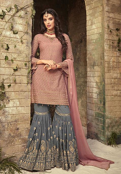 Rose Golden Zari Embroidered Georgette Kurta Set