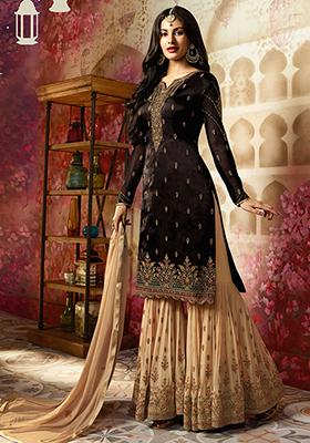 Black Zari Embroidered Satin Georgette Kurta Set