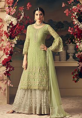 Green Zari Embroidered Net Kurta Set