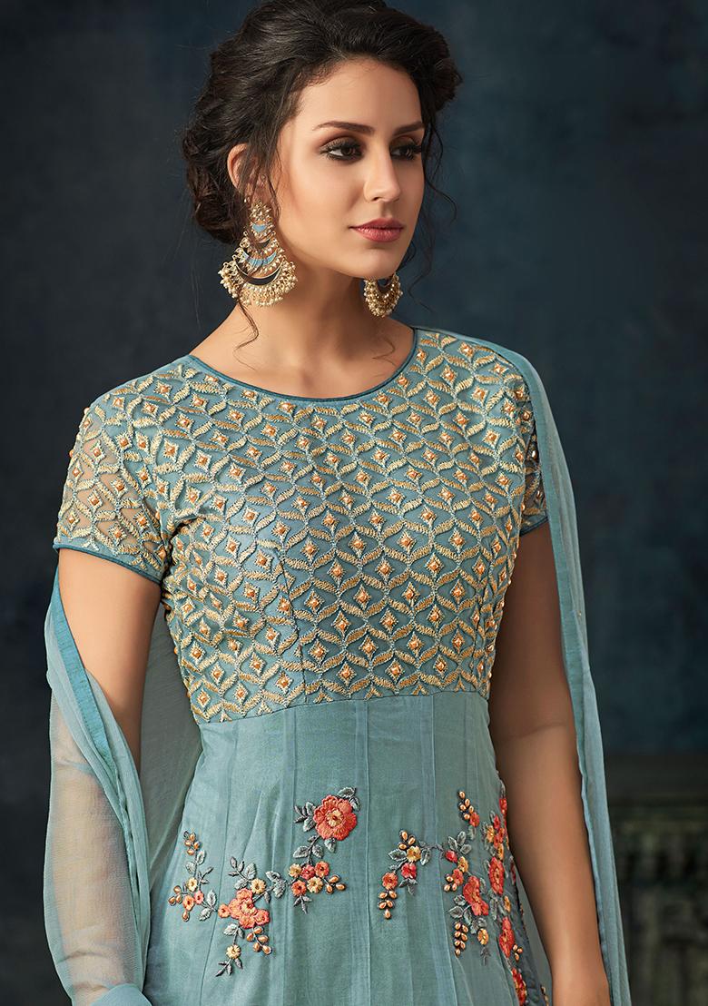 Blue Zari Embroidered Net Kurta Set - Indya