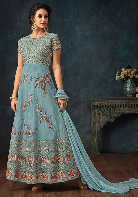 Blue Zari Embroidered Net Kurta Set