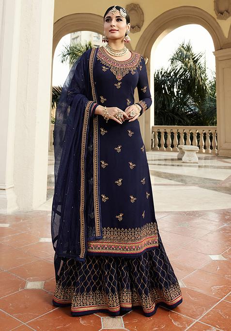 Blue Zari Embroidered Georgette Kurta Set