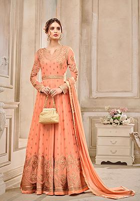 Peach Zari Embroidered Georgette Kurta Set