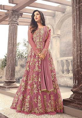 Pink Zari Embroidered Net Kurta Set