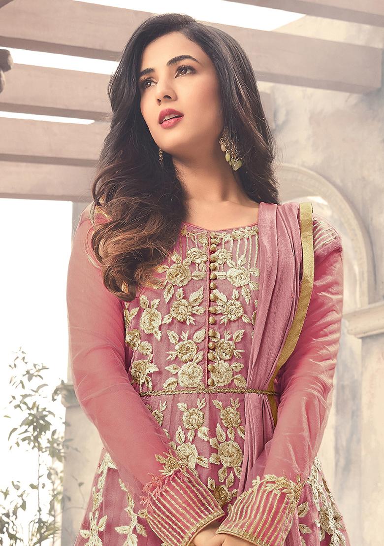 Pink Zari Embroidered Net Kurta Set