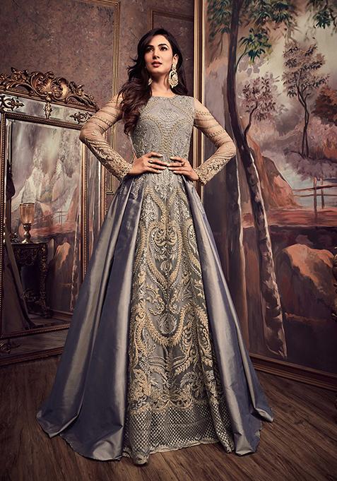 Greyish Blue Zari Embroidered Silk Kurta Set