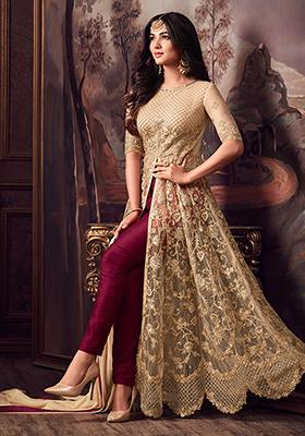 Beige Zari Embroidered Net Kurta Set