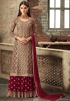 Dusty Beige Zari Embroidered Georgette Kurta Set