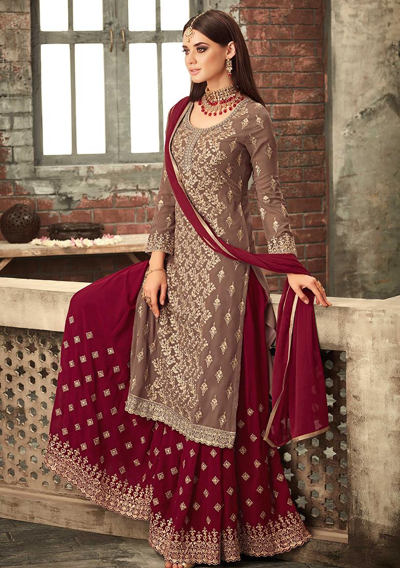 Dusty Beige Zari Embroidered Georgette Kurta Set - Indya