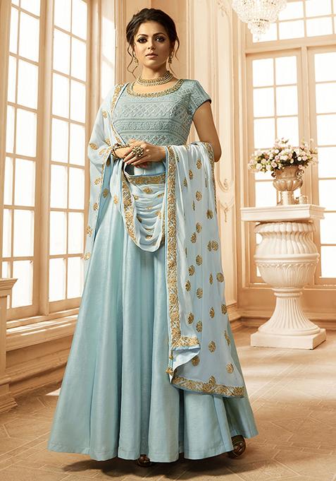 Blue Zari Embroidered Linen Silk Kurta Set