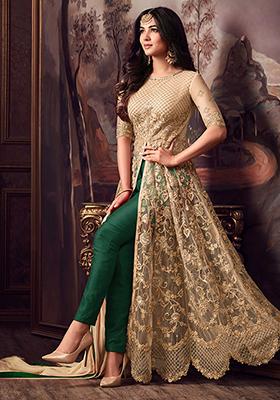 Beige And Green Zari Embroidered Net Kurta Set