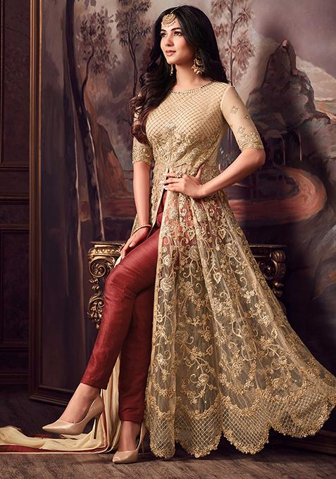 Beige Zari Embroidered Net Kurta Set