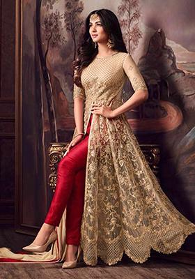 Beige And Red Embroidered Net Kurta Set