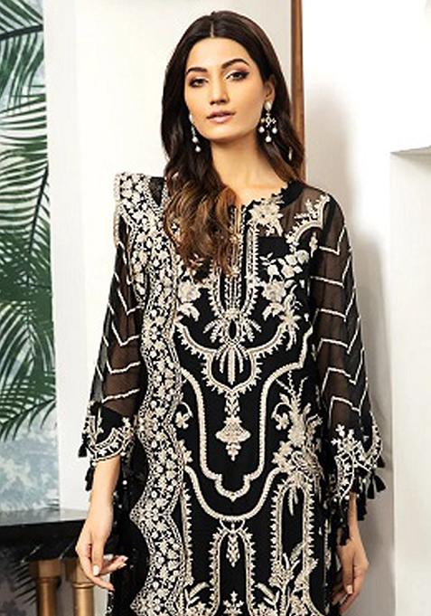 Women Black Organza-1 Pakistani Sequined Embroidered Kurta with pant & Dupatta