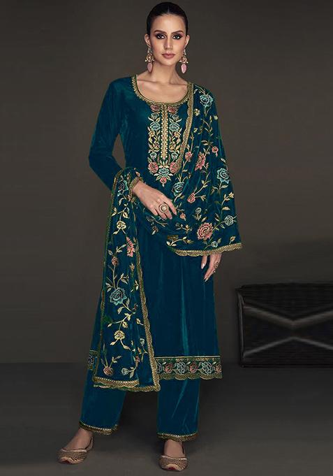 Teal Blue Sequin Embroidered Velvet Kurta Set