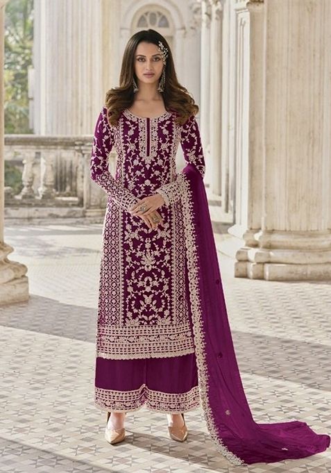 Wine Stone Work Embroidered Net Kurta Set