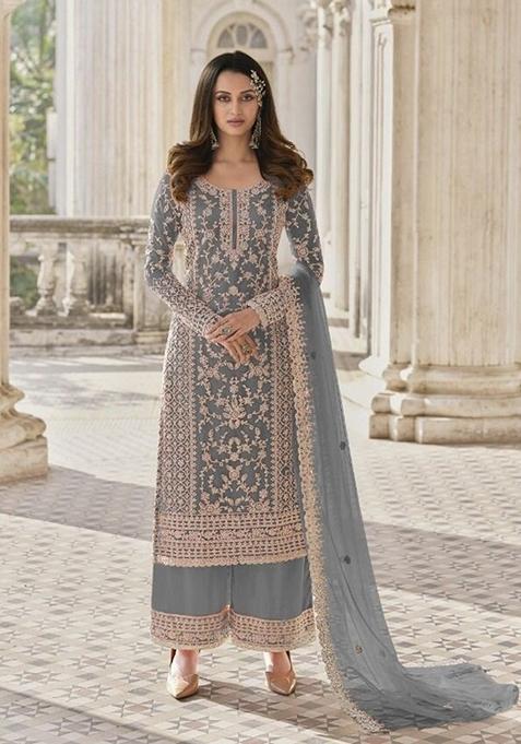 Grey Stone Work Embroidered Net Kurta Set