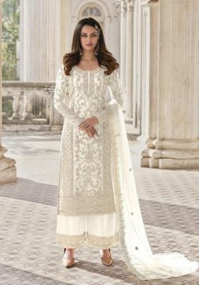 White Stone Work Embroidered Net Kurta Set