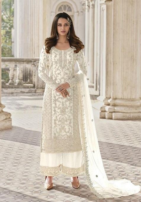 White Stone Work Embroidered Net Kurta Set
